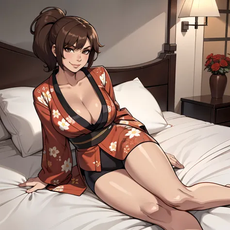 one female with short ponytail brown haircut, has brown eyes, long form fitting red floral kimono, alone, solo, (ALONE)(SOLO), showing cleavage, facing forward, looking at me, looking forward, smirk, showing full legs, looking casual, laying on bed