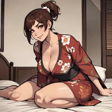 one female with short ponytail brown haircut, has brown eyes, long form fitting red floral kimono, alone, solo, (ALONE)(SOLO), showing cleavage, facing forward, looking at me, looking forward, smirk, showing full legs, looking casual, laying on bed