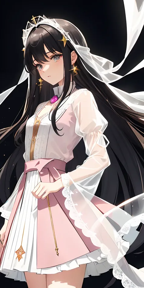 A 17 years old girl, super Long, flowing black hair.
	•	Gentle facial features with a hint of mystery and confusion in her eyes.

Wearing a (light pink) and pale white dress, which incorporates subtle gold or silver details.
The dress combines elements of ...