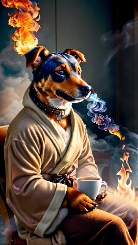 (best quality:1.23), (masterpiece:1.12), (realistic:1.24), (anthropomorphic  dog:1.5) holding a coffee cup, sitting, in a robe, eating breakfast and holding a coffee cup, hat, particles, volumetric lighting,  room burn down, ground and chair on fire, lots ...