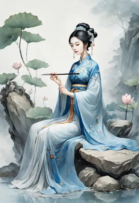 ancient chinese beauty sitting on stone, wearing ancient chinese costume, flowing blue tulle, light silk, lazy pose, large lotus...