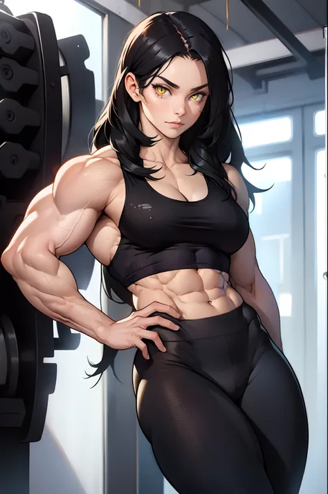 (((((((1 girl))))))), black hair, yellow eyes, very long hair, ((((((muscular)))))), tall, pale skin, (seductive expression), tank top, leggings