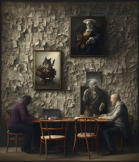 ****a painting of two chairs in the center, one has an 12 year old boy in it , the other chair holds a 16 year old boy, wall is covered in old yellowed newspaper, a fine art painting, by Lee Madgwick, figurative art, brooke shaden detailed, kerem beyit, st...