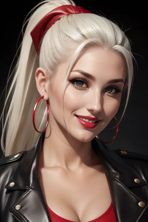 lucy pinder, face portrait, smiling, ponytail, platinum hair, hoop earrings, black leather jacket, red lipstick.