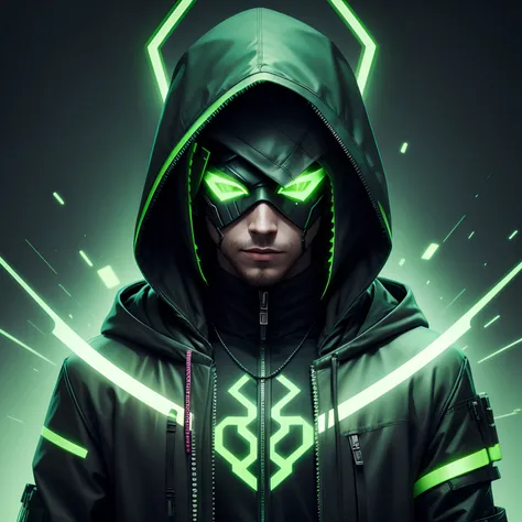 character, male, hooded, cyberpunk, green neon, mask