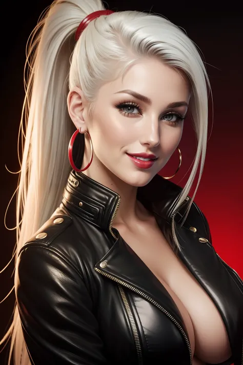 lucy pinder, face portrait, smiling, ponytail, platinum hair, hoop earrings, black leather jacket, red lipstick.