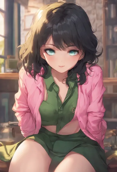 1boy, Femboy, yellow skirt, green jacket, pink shirt, black hair, blue eyes, 8k, high Res, masterpiece, ultrasharp, nsfw