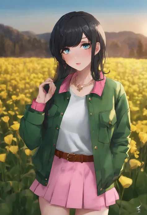 1boy, Femboy, yellow skirt, green jacket, pink shirt, black hair, blue eyes, 8k, high Res, masterpiece, ultrasharp, nsfw