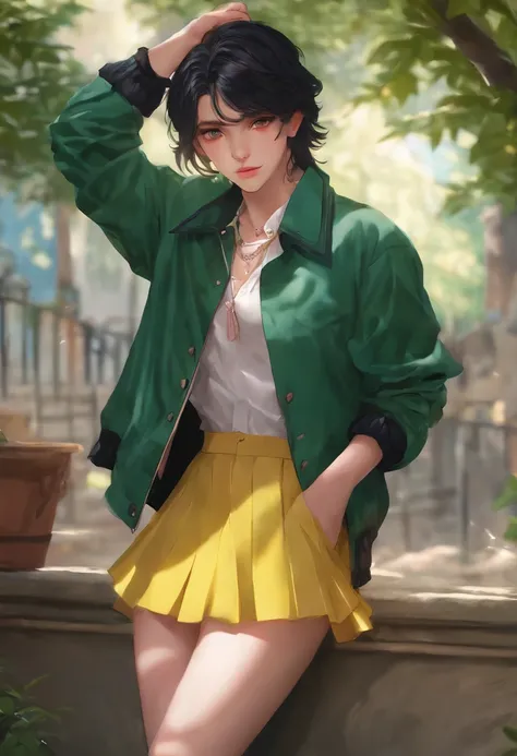 1boy, Femboy, yellow skirt, green jacket, pink shirt, black hair, blue eyes, 8k, high Res, masterpiece, ultrasharp, nsfw