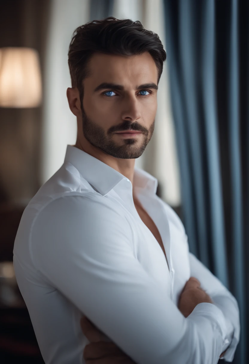 (professional man in stylish clothes), (no beard,) (blue eyes) (portrait) Handsome and serious appearance, dark blue hair, Elegant and elegant, and strong body very formal white shirt, (Picture realistic and high quality), ((Best quality, 8k, master piece)...