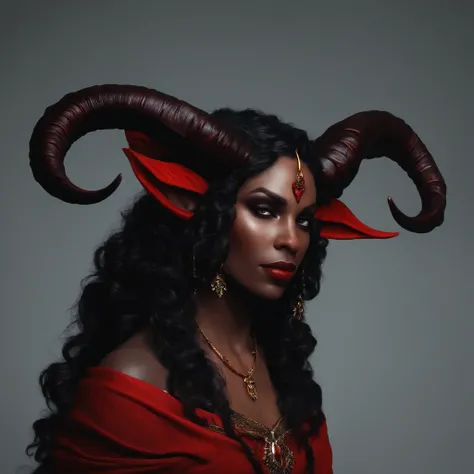 Tiefling D&d, cabelo preto, red skin and horns back, Bruxo