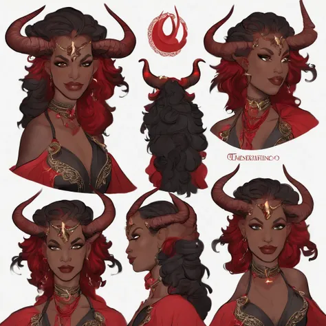 Tiefling D&d, cabelo preto, red skin and horns back, Bruxo