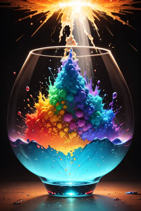 A real projectil break a glass full of colored water and causes it to explode in a magnificent, highly textured and detailed explosion