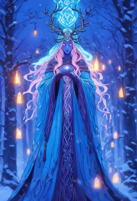 (((CAILLEACH))) best quality, ultra-high resolution, 4K detailed CG, master piece,Celtic goddess,cold,Winter Goddess ,Celtic clothing,Celtic mythology, ((Winter Goddess)) , Celtic image, aesthetic, centered on screen