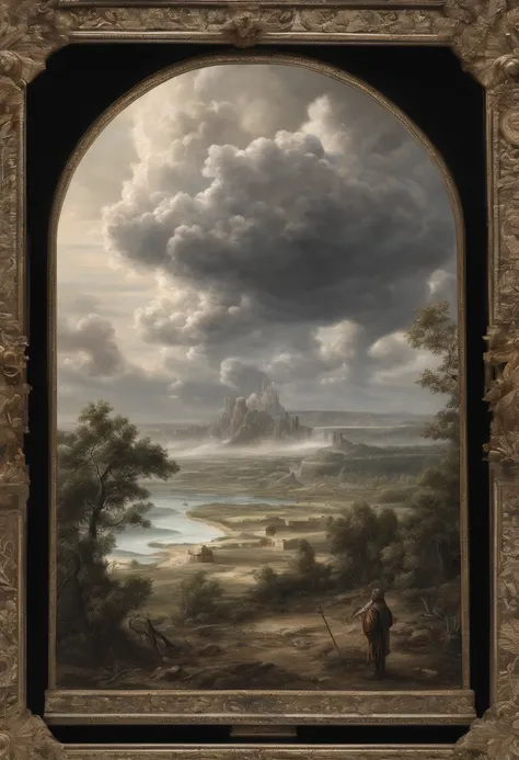 (Masterpiece, intricate detail, liminal), A flat landscape, covered in 2D clouds, in a box, mysterious figure in distance,(figure is holding a large shadow spear)