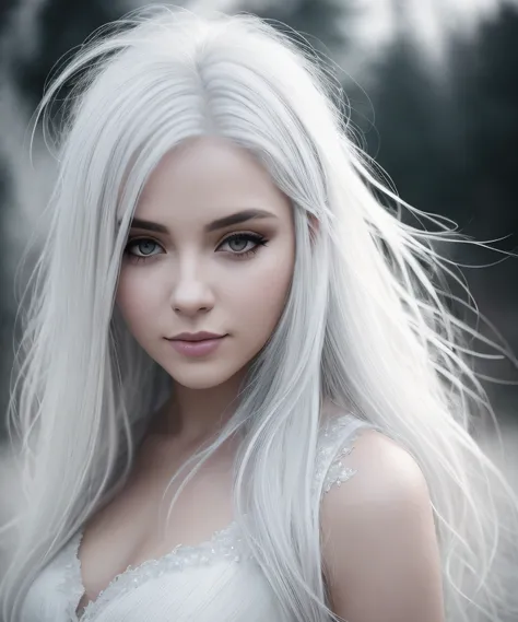 Una mujer con cabello blanco y con un vestido blanco posando para una foto, una chica con cabello plateado, cabello blanco hermoso, una dama de cabello gris, una chica con cabello gris, con cabello gris, color de cabello blanco, chica de cabello gris perfe...