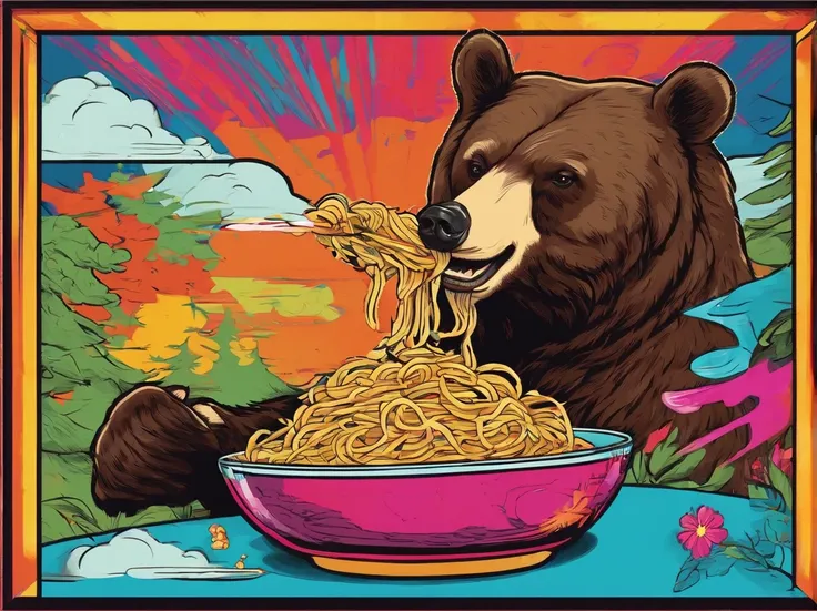 a picture of a black bear eating instant noodles, vintage poster design