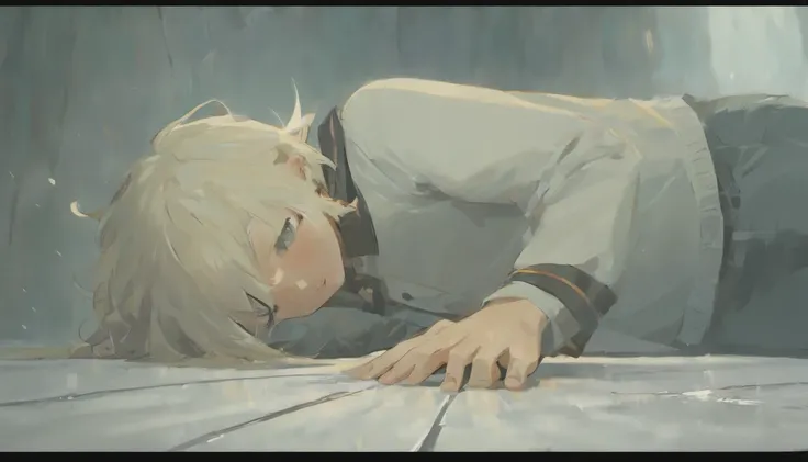 Young man lying on the floor in a white room,I have a sad expression on my face.,Black short hair,He wears a white stand-up collar shirt,