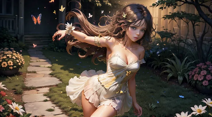1girl, solo, full body, (masterpiece:1.21), (best quality:1.2), colorful, (illustration:1.2), (cinematic lighting:1.1), (bare shoulders:1.21), (collarbone:1.21) in this whimsical A beautiful and dreamlike garden, the scene is illuminated by a rainbow (colo...