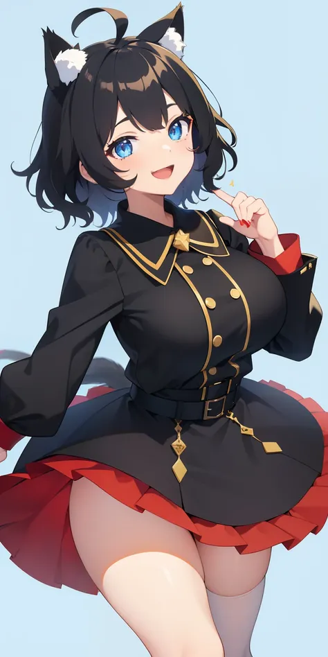 Looking at Viewer, simple background、Cute backgrounds, 1girl in, Open mouth, Smile, Virtual Youtuber、girl with、((Best Quality, high_resolution, Distinct_image)),(Black hair), (Black cat ears), (Ahoge), (absurdly short hair), (Wavy Hair), (Blue eyes),、A smi...