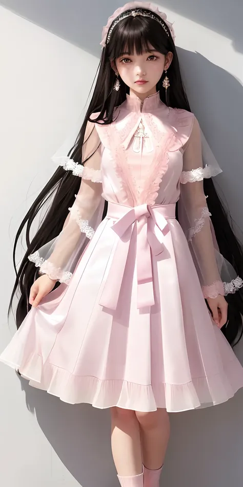 A 17 years old girl, super Long, flowing black hair.
	•	Gentle facial features with a hint of mystery and confusion in her eyes.

Wearing a (light pink:1.3) and pale white dress, which incorporates subtle gold or silver details.
The dress combines elements...