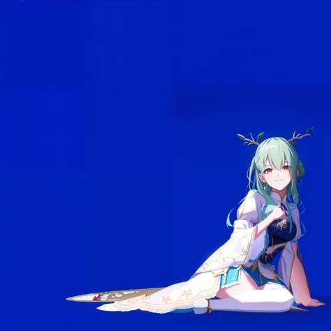 8K, masterpiece, absurdres, intricate details, best quality, perfect anatomy, a woman sitting on a floor with a white background, Ceres Fauna, antlers, FaunaBase, long hair, braided bangs, hair flower, blue dress, wide sleeves, single thighhigh, bridal gau...