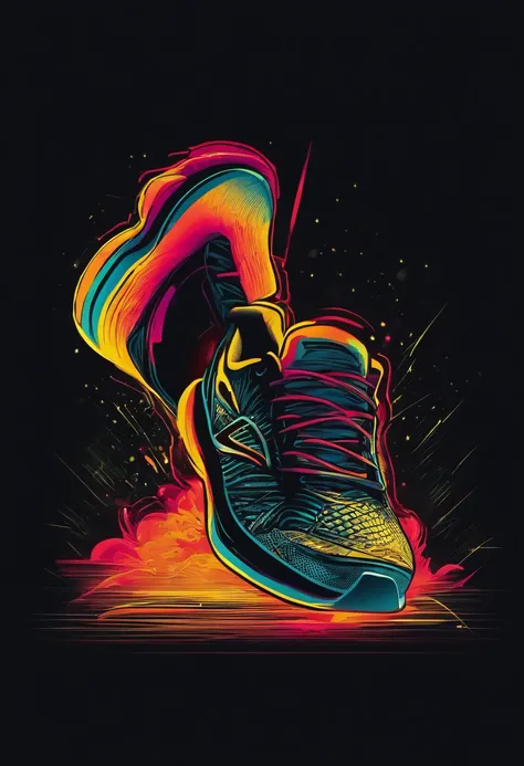 /imagine prompt: futuristic running shoe poster illustration for a sticker with a black background, in bold outline style, jagged edges, trashcore, light shading --v 5.2, lightning streak trail