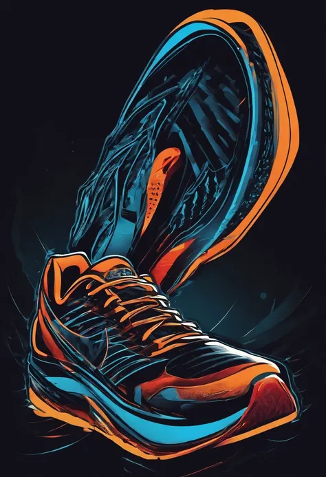 /imagine prompt: futuristic running shoe poster illustration for a sticker with a black background, in bold outline style, jagged edges, trashcore, light shading --v 5.2, lightning streak trail