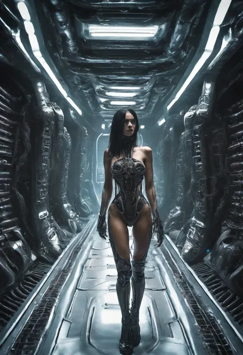 1 nude Cyberpunk girl, futuristic, mechanical aesthetics, cameltoe, giger, biomechanic, surreal, lovecraftian,tentacles spaceship interior corridor, wide angle, worms eye pov