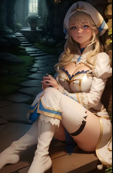 1 girl, goblin slayer, mature, massive tetas , petite, ((blue eyes)), knee long hair, tight white boots, ((priestess)), ((master...