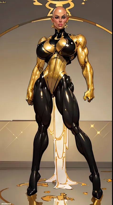 8k ((long neck:1.5))((full body view))((view from below:1.5)),(large eyes:1.3), (large arms:1.4), defined cheekbones, looking back, ((the pit style:1.4))((sleek gold bodysuit:1.6)) ((gold shoulders:1.4))detailed face:1.5), translucent skin,(puffy lips:1.5)...