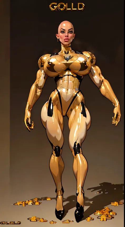 8k ((long neck:1.5))((full body view))((view from below:1.5)),(large eyes:1.3), (large arms:1.4), defined cheekbones, looking back, ((the pit style:1.4))((sleek gold bodysuit:1.6)) ((gold shoulders:1.4))detailed face:1.5), translucent skin,(puffy lips:1.5)...