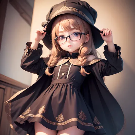 Chibi girl with gorgeous with glasses dress, saco, long hat hair, 4k