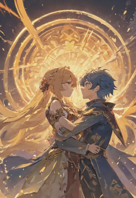 Genshin impact, aether, ganyu hugging aether,very detailed, high quality, masterpiece, dynamics lighting, Anime art style