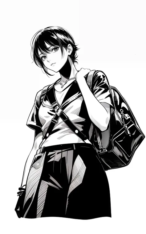 Drawing of a woman with a backpack and handbag, black and white manga style, ink manga drawing, manga style of kentaro miura, sui ishida art manga, in manga style, tall female emo art student, manga character, Kentaro Miura Manga Art Style, tsubasa nakais ...