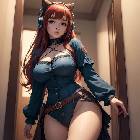 8k, masterpiece, best quality, realistic, higly detailed, cowboy shot, 1girl, solo, miku, emotionless looking girl, medium-length red hair, strands of hair hanging over the right side of her face, a set of wireless headphones that have a triangle-shaped lo...