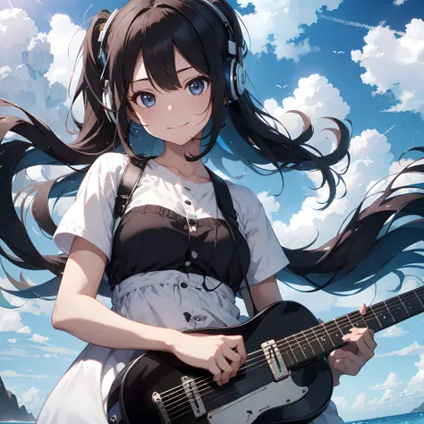 1 girl with headphones, happy, listening to music, cute girl, sea of clouds, surreal, guitar in hand, music notes floating around her, 8k, absurd high detail, highly detailed lineart, ultra high quality, best quality,