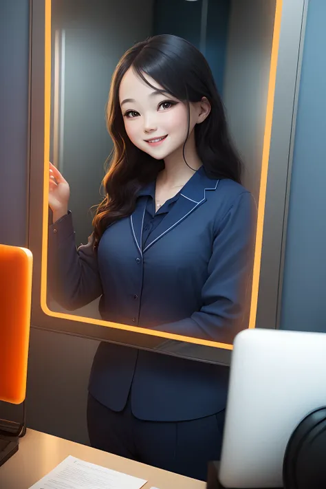 A happy person in front of a mirror in an office, shades of dark blue and orange