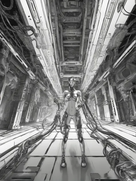 front view, low angle,1   nude naked Cyberpunk girl, futuristic, mechanical aesthetics, cameltoe, giger, biomechanic, surreal, lovecraftian,tentacles spaceship interior corridor, slimy floor, claustrophobic, dark, wide angle, worms eye pov