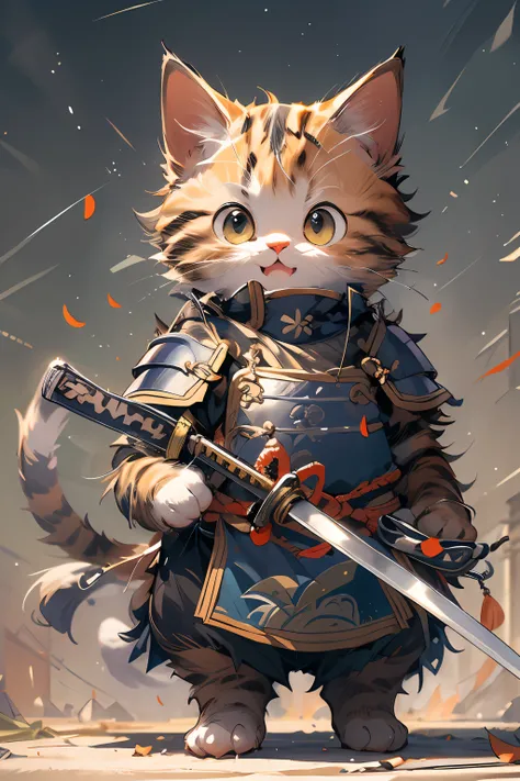 (Masterpiece:1.2, high quality),cat, absurdres, highres, ultra detailed, 1cat, cute [cat:human] wearing samurai armor, smile, holding sword