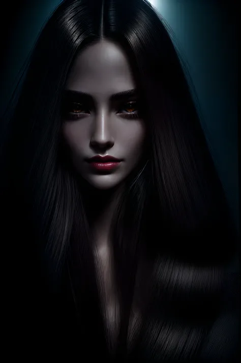 portrait of a femme fatale, long flowing hair, ultra-detailed, realistic features, captivating eyes, seductive smile, elegant posture, mysterious background, vivid colors, studio lighting, high-res, masterpiece:1.2, [grainy texture], [subtle shadows], [dra...