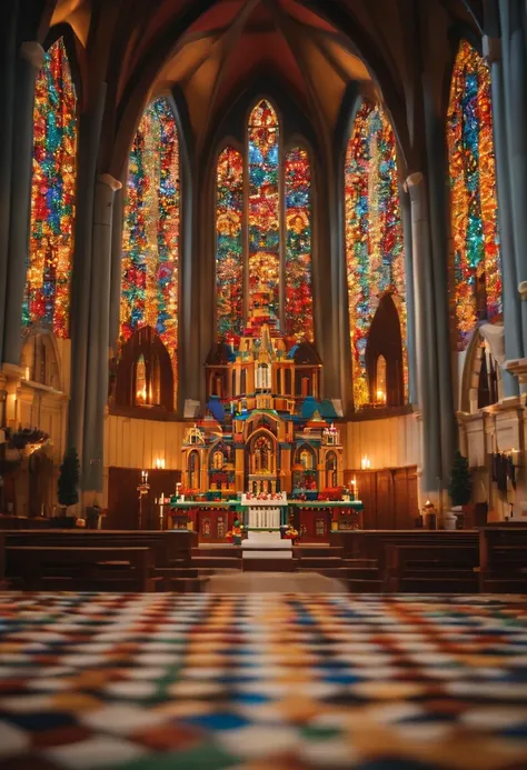 a church made of LEGO, cartoon style