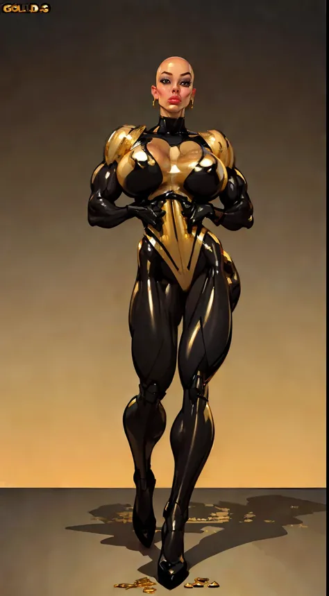 8k ((long neck:1.5))((full body view))((view from below:1.5)),(large eyes:1.3), (large arms:1.4), defined cheekbones, looking back, ((the pit style:1.4))((sleek gold bodysuit:1.6)) ((gold shoulders:1.4))detailed face:1.5), translucent skin,(puffy lips:1.5)...