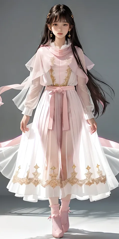 A 17 years old girl, super Long, flowing black hair.
	•	Gentle facial features with a hint of mystery and confusion in her eyes.

Wearing a (light pink:1.3) and pale white dress, which incorporates subtle gold or silver details.
The dress combines elements...