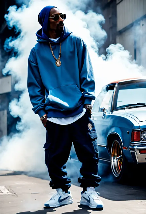 snoop dogg, side view, blue hoodie, blue bandana, baggy pants, smoke background,  dynamic hiphop pose, hazy atmosphere, ((( low ...