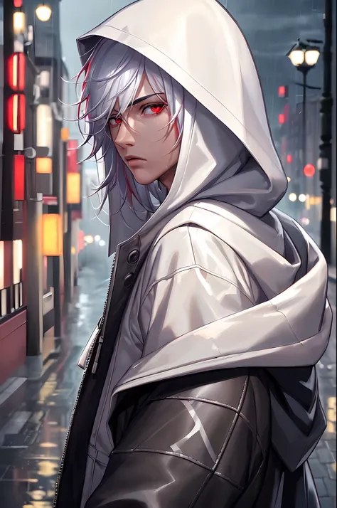 kk, best quality, more details, masterpiece, 1boy, portrait, male focus, red eyes, solo, bangs, looking at viewer, hood, short hair, rain, tokyo (city),  hood up, nail polish, white hair, luxurious, 8k, detailed, ray tracing, depth of field, cinematic ligh...