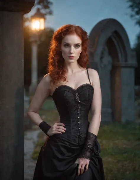 Beautiful red-haired woman with a half skull face, curly hair, wearing a black corset, at the gate of a cemetery on a moonlit night.