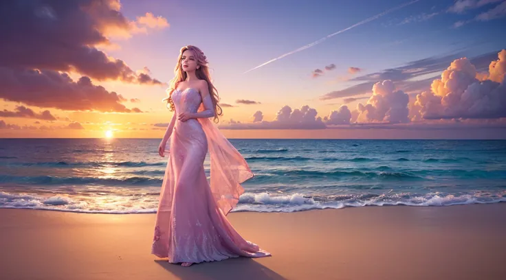 (master part, high resolution, illustration:1.2), Radiant young woman in a flowing dress, (Graceful and ethereal presence:1.1), (sol dourado afundando sob o horizonte:1.2), (suave brisa do mar acariciando suas bochechas:1.2), (Praia tranquila e isolada com...