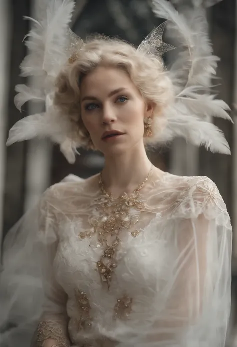 sisterhood, silber hair, Angel wings made of feathers, elf-ears, Transparent finish, Realistic body lines, (((Many long white lace bales flutter in the wind))), (Silk Gold and Silver Lingerie), church stained glass, Church candles, albino