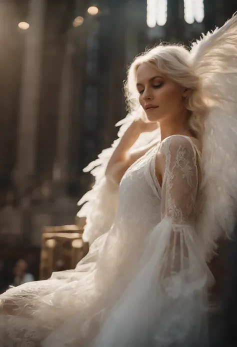 sisterhood, silber hair, Angel wings made of feathers, elf-ears, Transparent finish, Realistic body lines, (((Many long white lace bales flutter in the wind))), (Silk Gold and Silver Lingerie), church stained glass, Church candles, albino